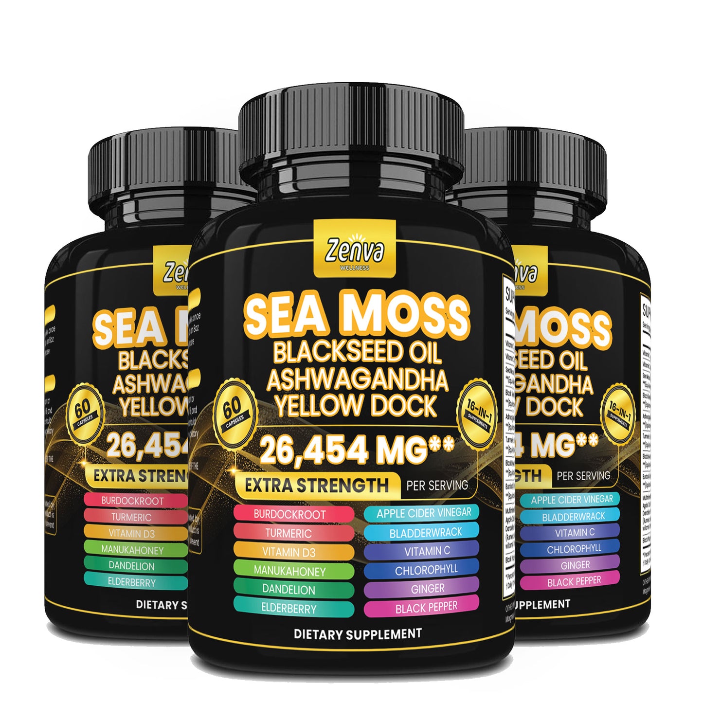 Zenva Wellness | Sea Moss 16-in-1 Extra Strength with Yellow Dock Black Seed Oil and Bladderwrack