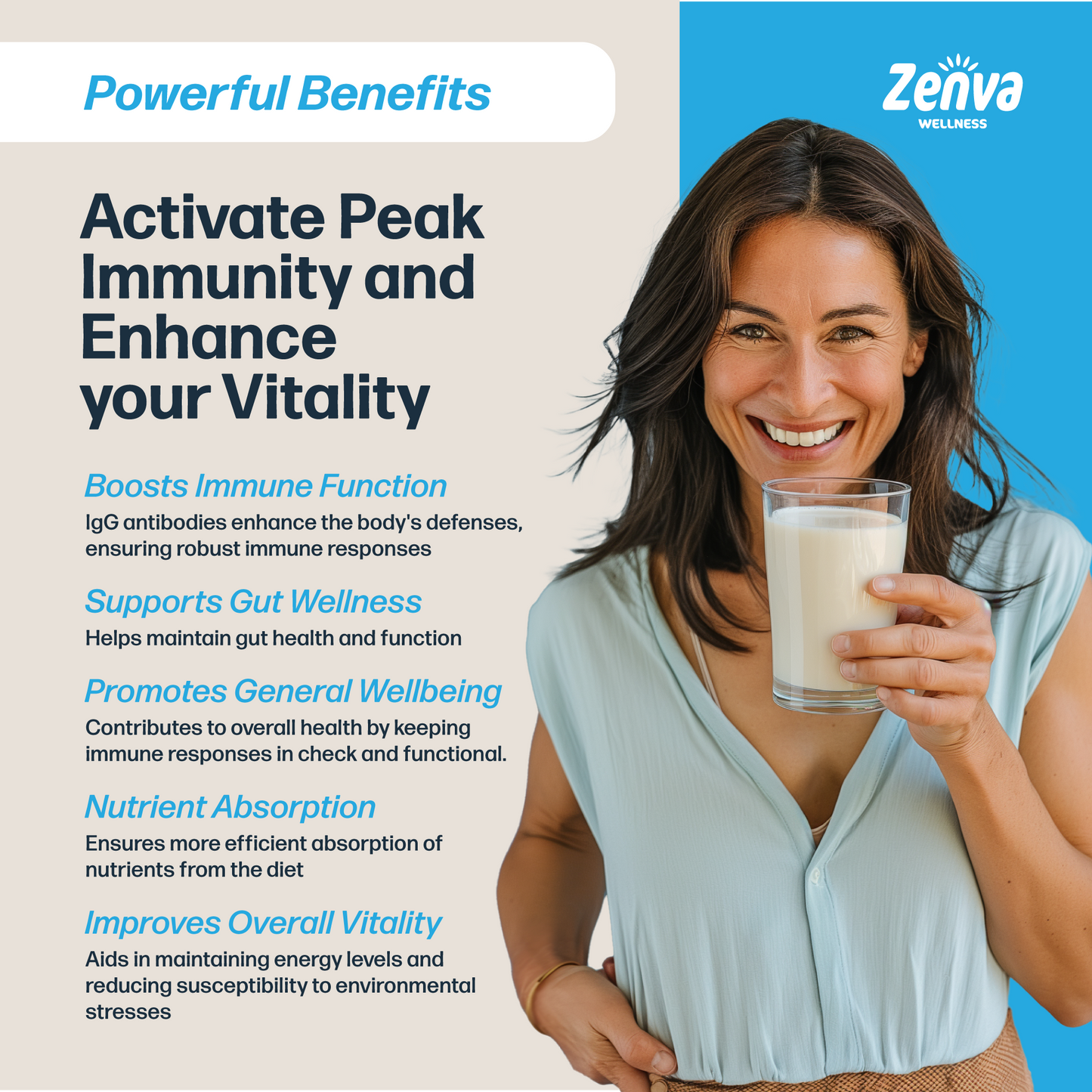 Zenva Wellness Colostrum Supplement Powder is made from the highest quality, pure bovine colostrum for humans (calostro bovino para adultos), ensuring maximum potency and effectiveness. Our colostrum is derived from grass fed, hormone-free cows, ensuring the highest quality and purity.  