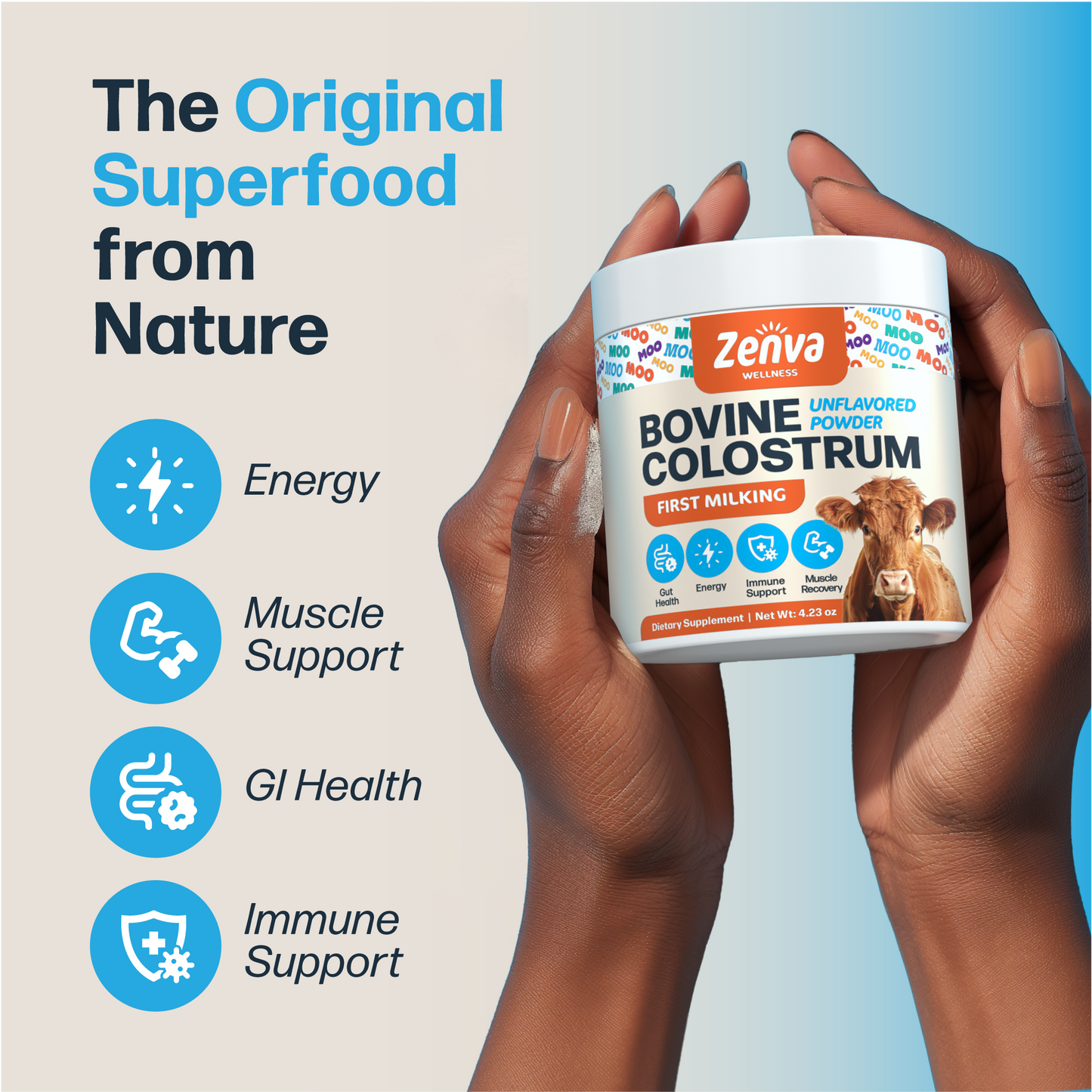 Zenva Wellness Colostrum Supplement Powder is made from the highest quality, pure bovine colostrum for humans (calostro bovino para adultos), ensuring maximum potency and effectiveness. Our colostrum is derived from grass fed, hormone-free cows, ensuring the highest quality and purity.  