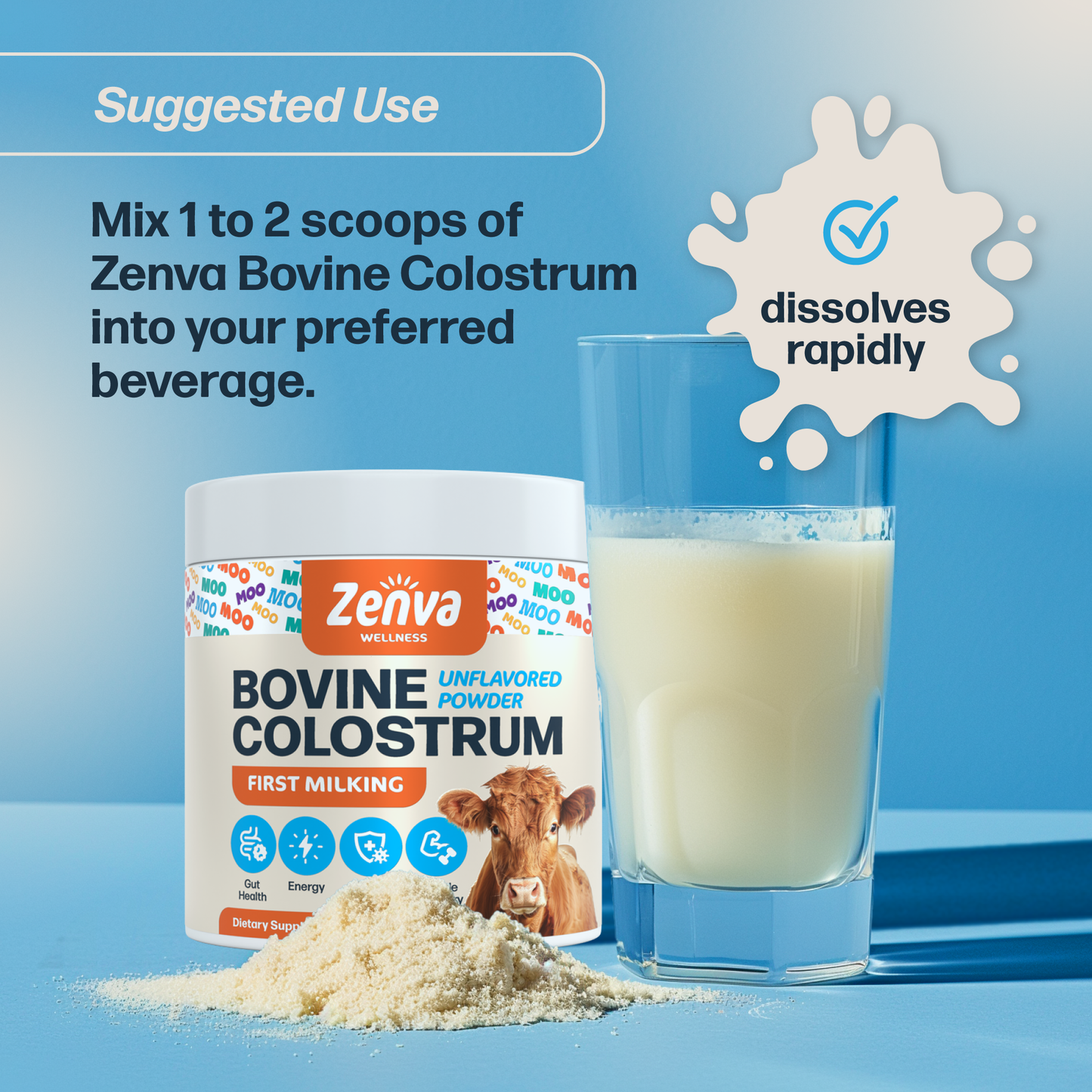 Zenva Wellness Colostrum Supplement Powder is made from the highest quality, pure bovine colostrum for humans (calostro bovino para adultos), ensuring maximum potency and effectiveness. Our colostrum is derived from grass fed, hormone-free cows, ensuring the highest quality and purity.  