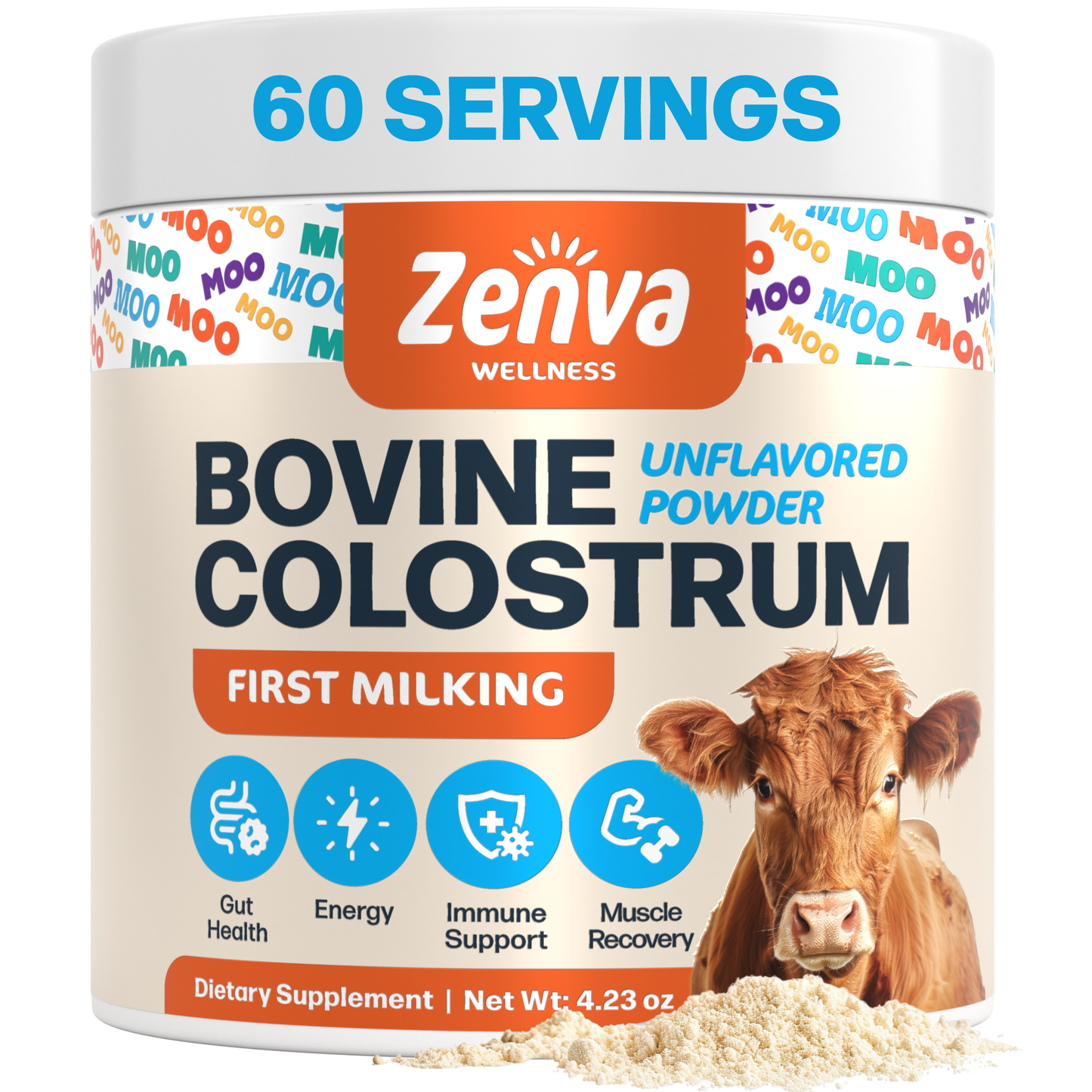 Zenva Wellness Colostrum Supplement Powder is made from the highest quality, pure bovine colostrum for humans (calostro bovino para adultos), ensuring maximum potency and effectiveness. Our colostrum is derived from grass fed, hormone-free cows, ensuring the highest quality and purity.  