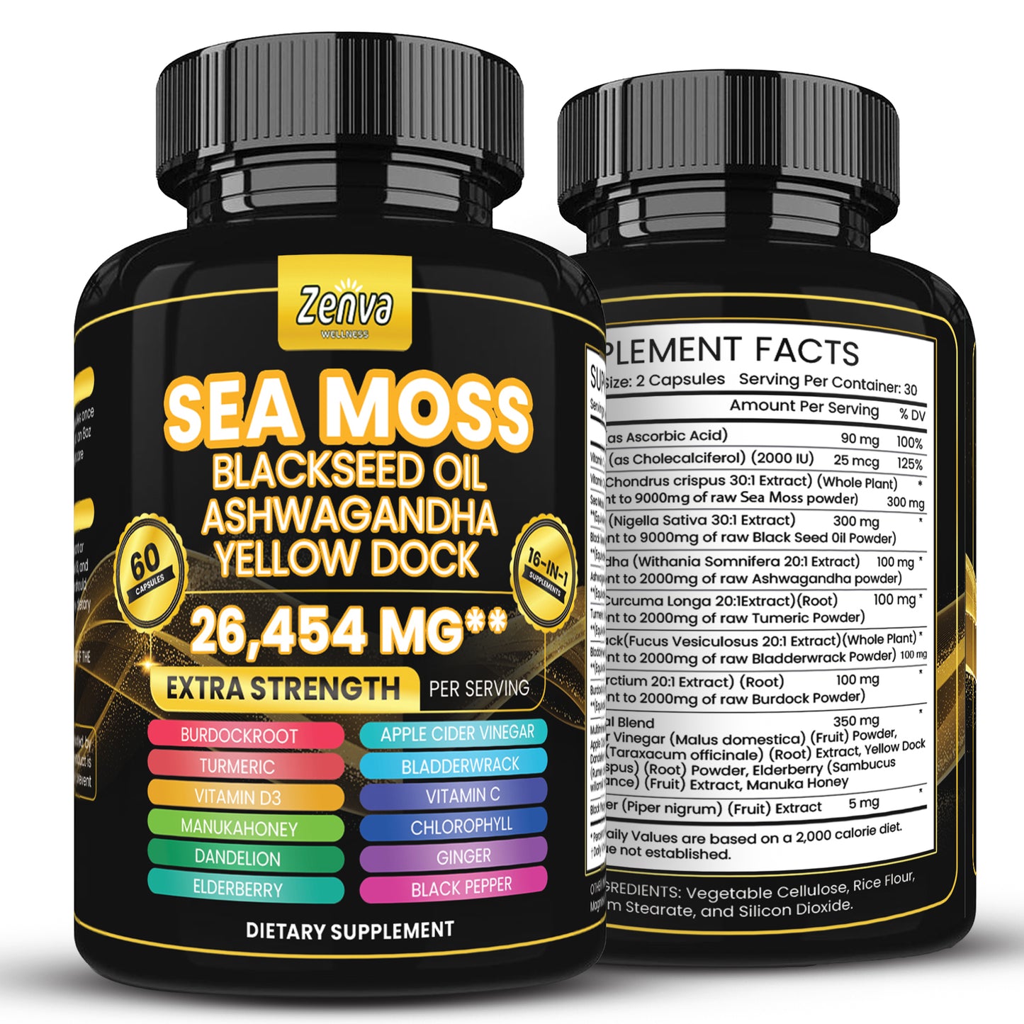 Zenva Wellness | Sea Moss 16-in-1 Extra Strength with Yellow Dock Black Seed Oil and Bladderwrack