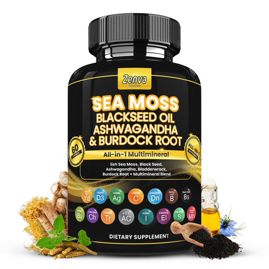 Zenva Wellness | Sea Moss Multimineral with Black Seed Oil Ashwaghanda and Burdock Root