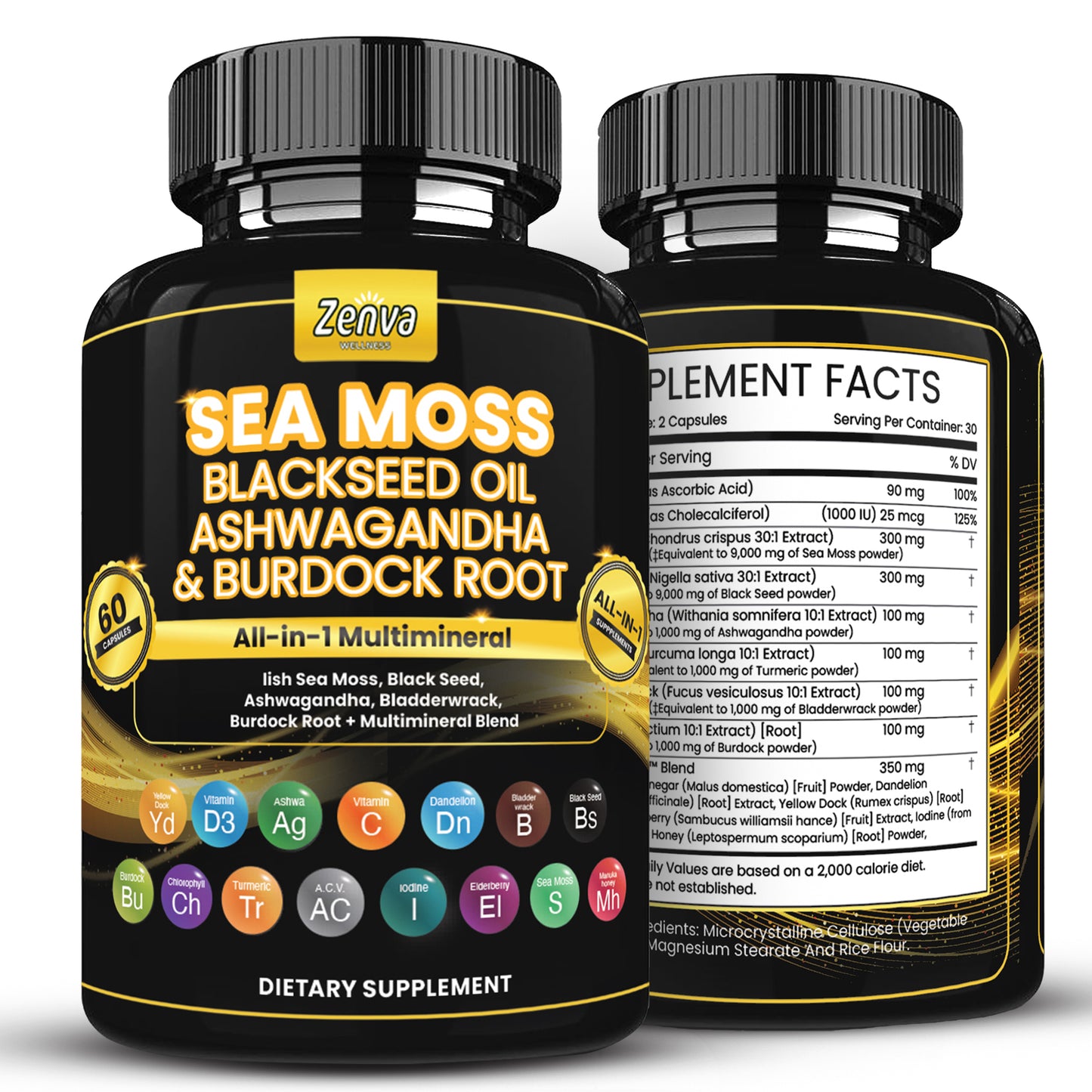 Zenva Wellness | Sea Moss Multimineral with Black Seed Oil Ashwaghanda and Burdock Root