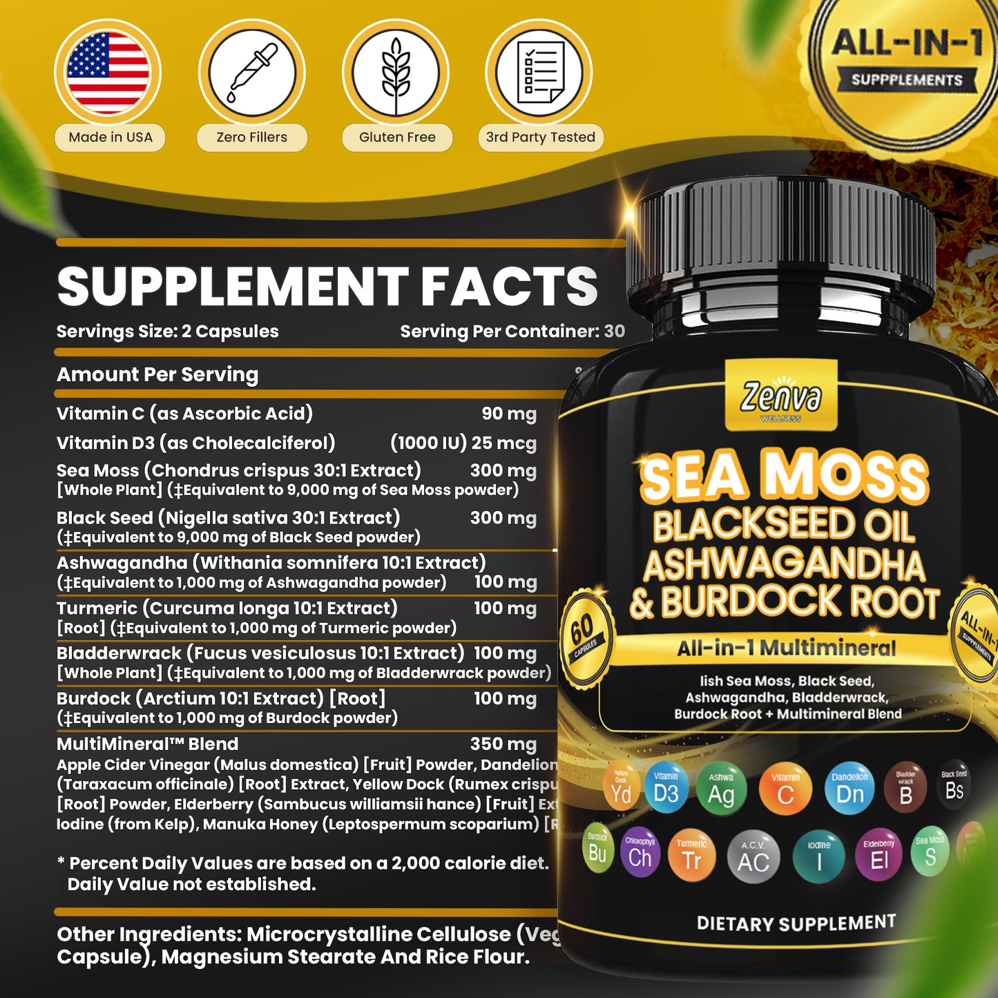 Zenva Wellness | Sea Moss Multimineral with Black Seed Oil Ashwaghanda and Burdock Root