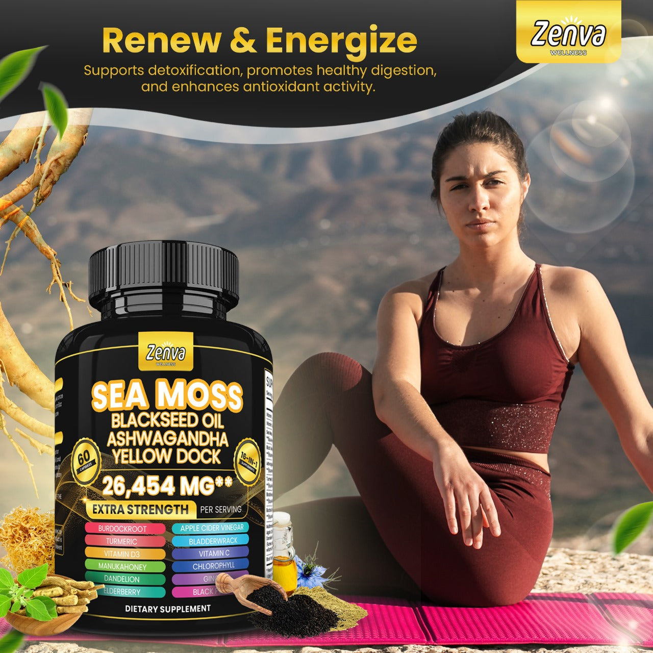 Zenva Wellness | Sea Moss 16-in-1 Extra Strength with Yellow Dock Black Seed Oil and Bladderwrack