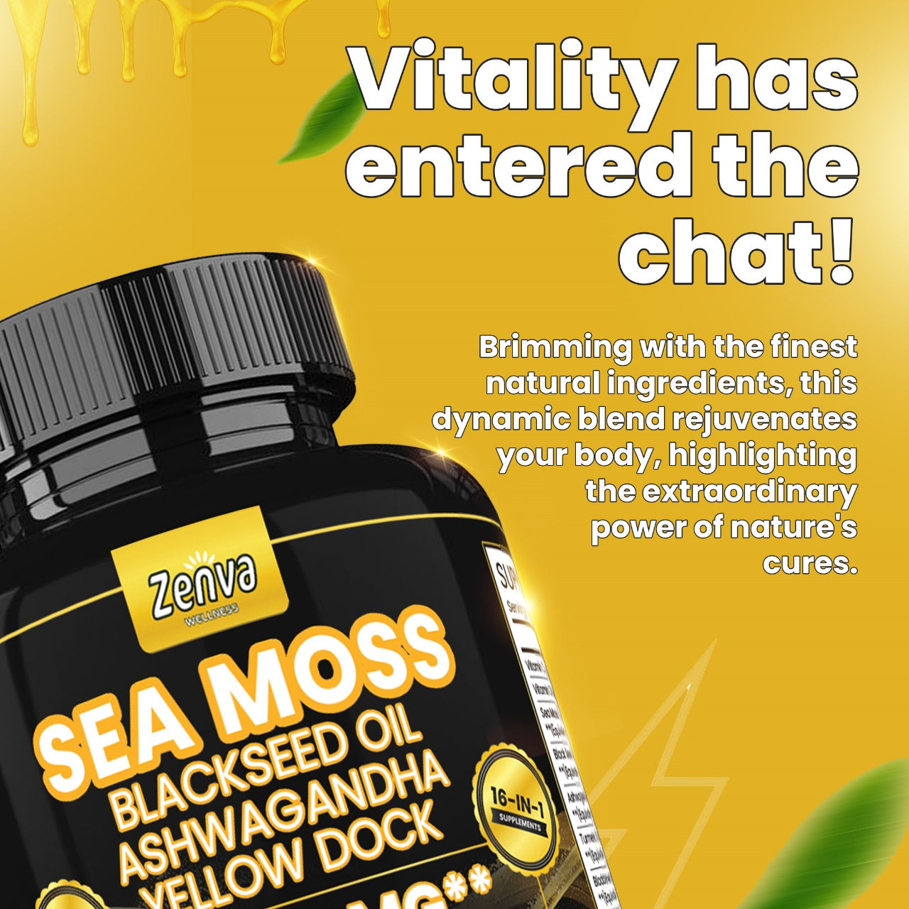 Zenva Wellness | Sea Moss 16-in-1 Extra Strength with Yellow Dock Black Seed Oil and Bladderwrack