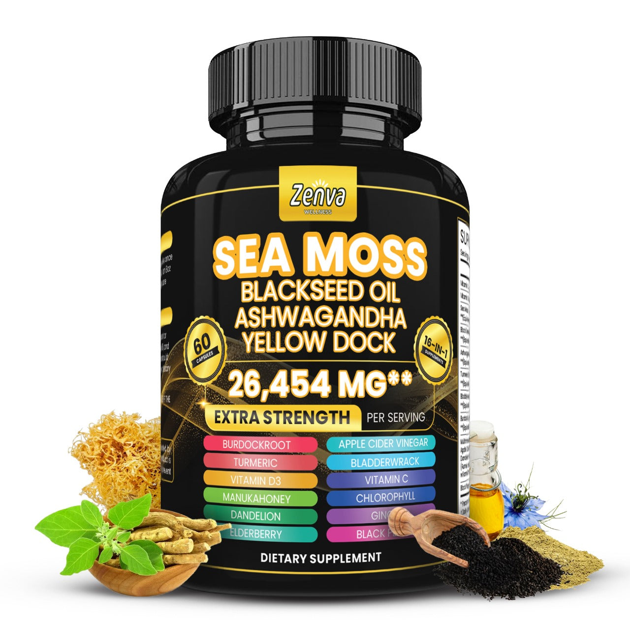 Zenva Wellness | Sea Moss 16-in-1 Extra Strength with Yellow Dock Black Seed Oil and Bladderwrack