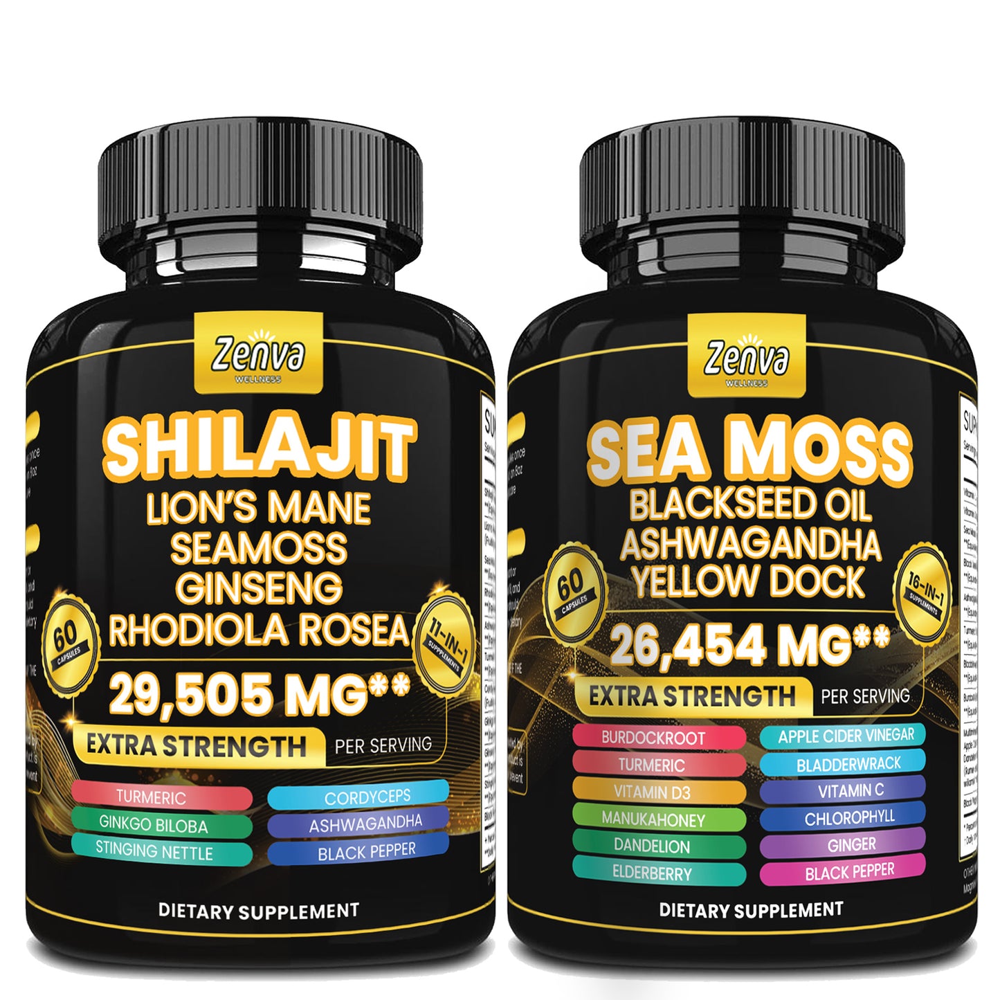 Zenva Wellness | Shilajit + Sea Moss 16-in-1 Extra Strength with Yellow Dock Black Seed Oil Bundle