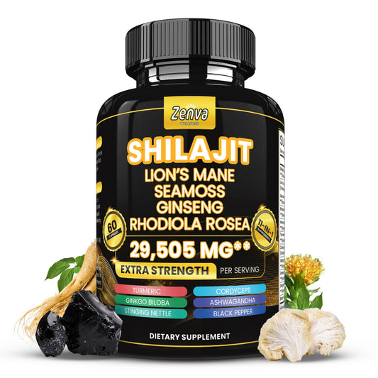 Zenva Wellness | Shilajit Extra Strength with Sea Moss Lions Mane Rhodiola Rosea Cordyceps Ginseng