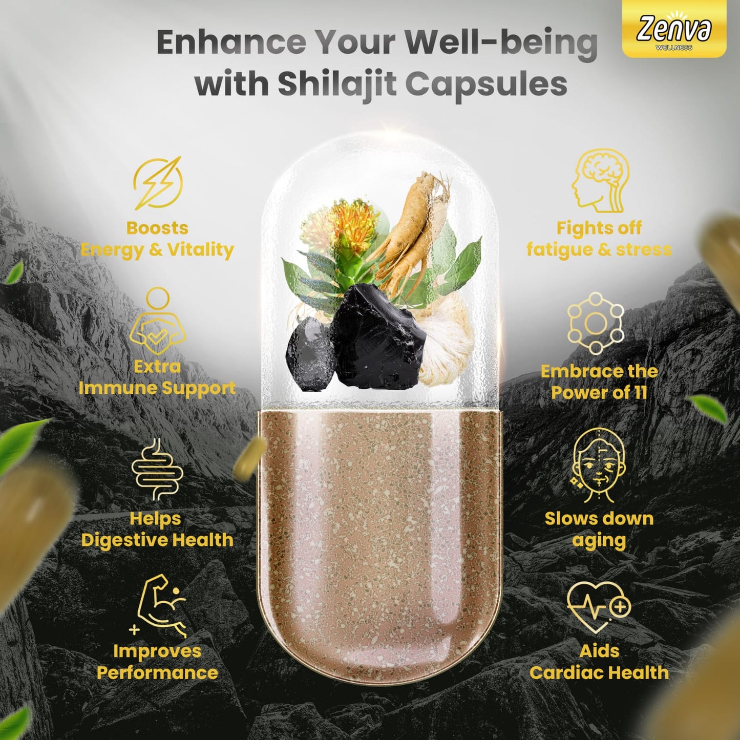 Zenva Wellness | Shilajit Extra Strength with Sea Moss Lions Mane Rhodiola Rosea Cordyceps Ginseng