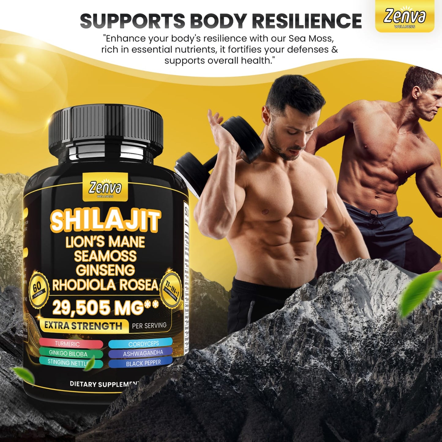 Zenva Wellness | Shilajit Extra Strength with Sea Moss Lions Mane Rhodiola Rosea Cordyceps Ginseng